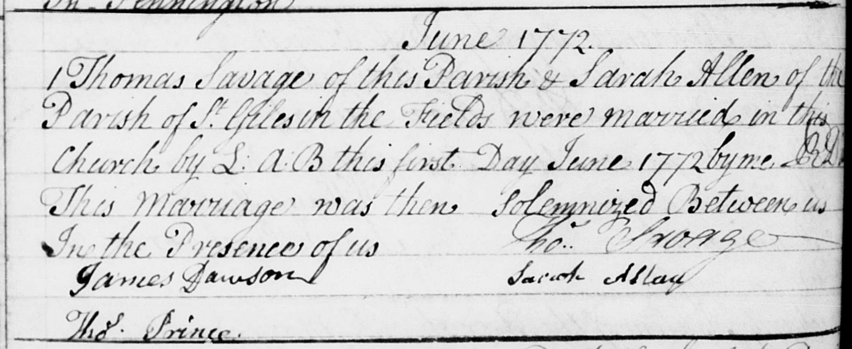 Marriage of Thomas Savage and Sarah Allen
