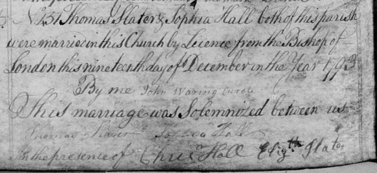 Thomas Slater - Sophia Hall marriage