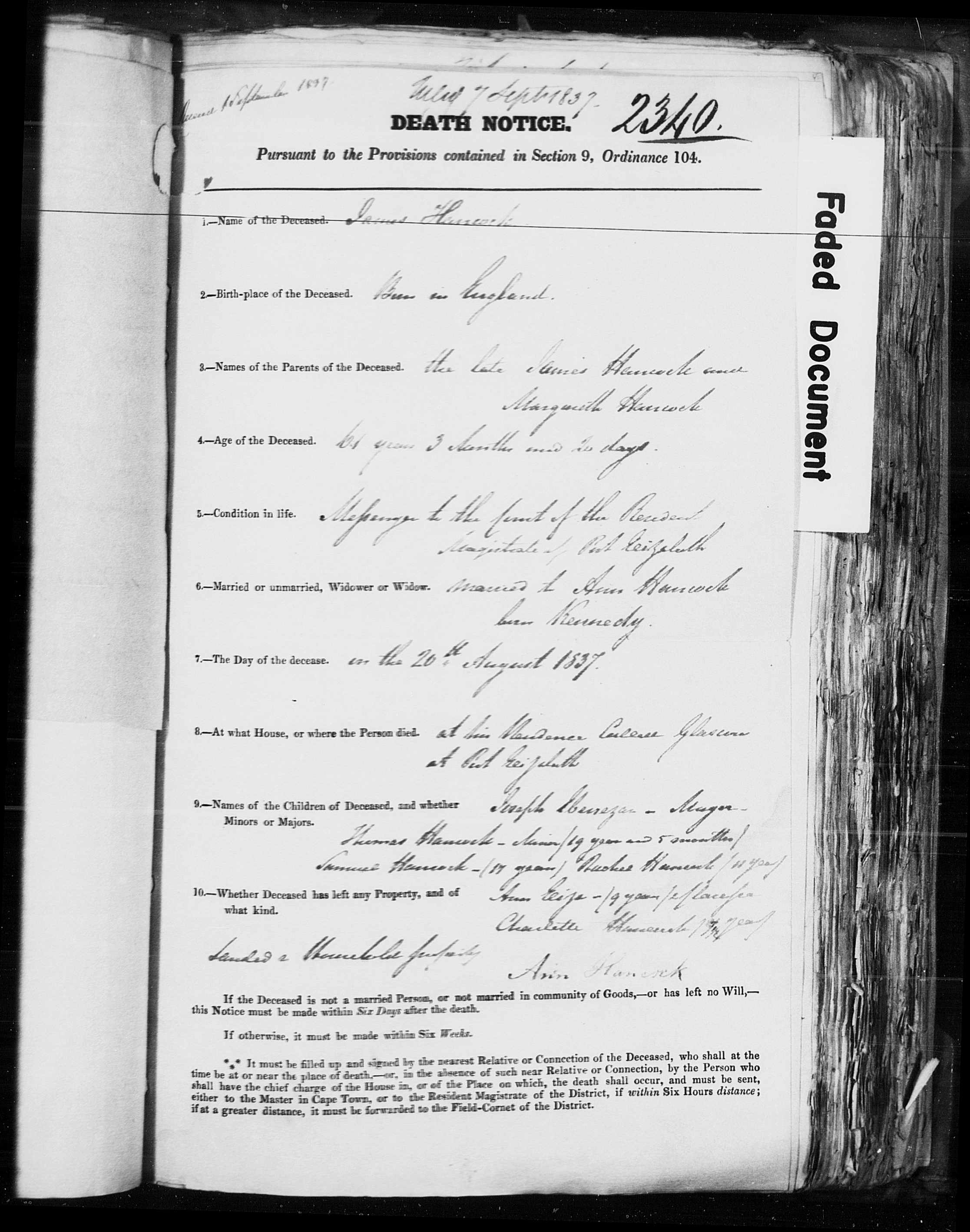 Death notice of James Hancock Death notice of James Hancock