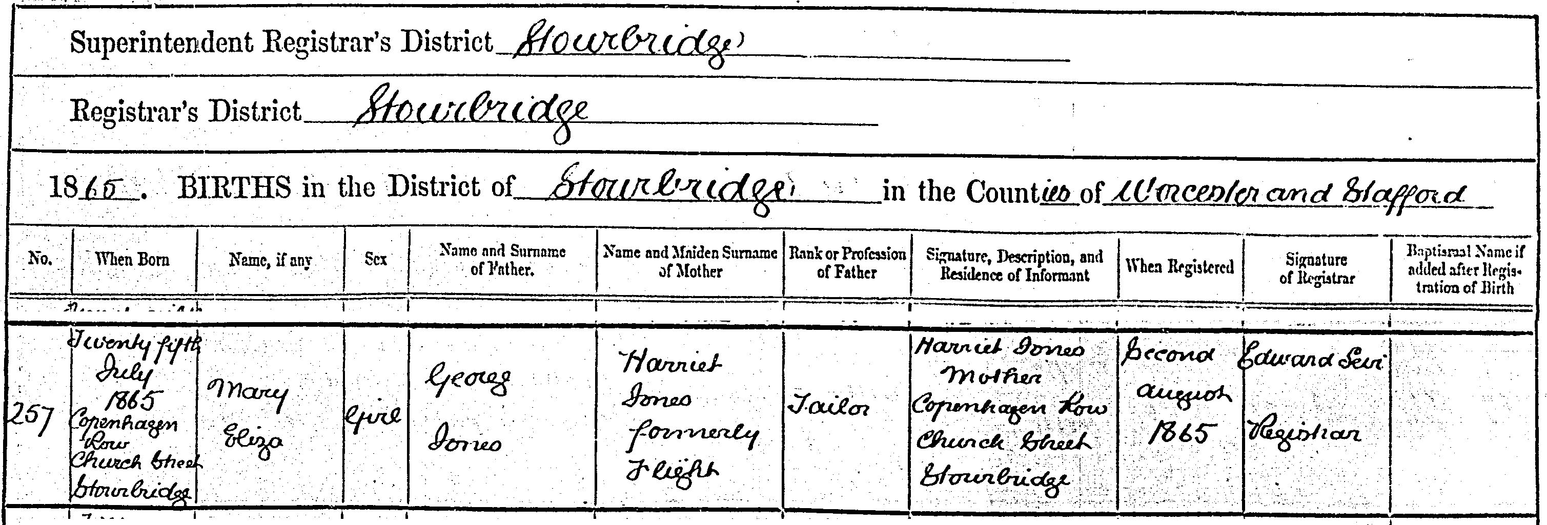 Birth certificate of Mary Eliza Jones