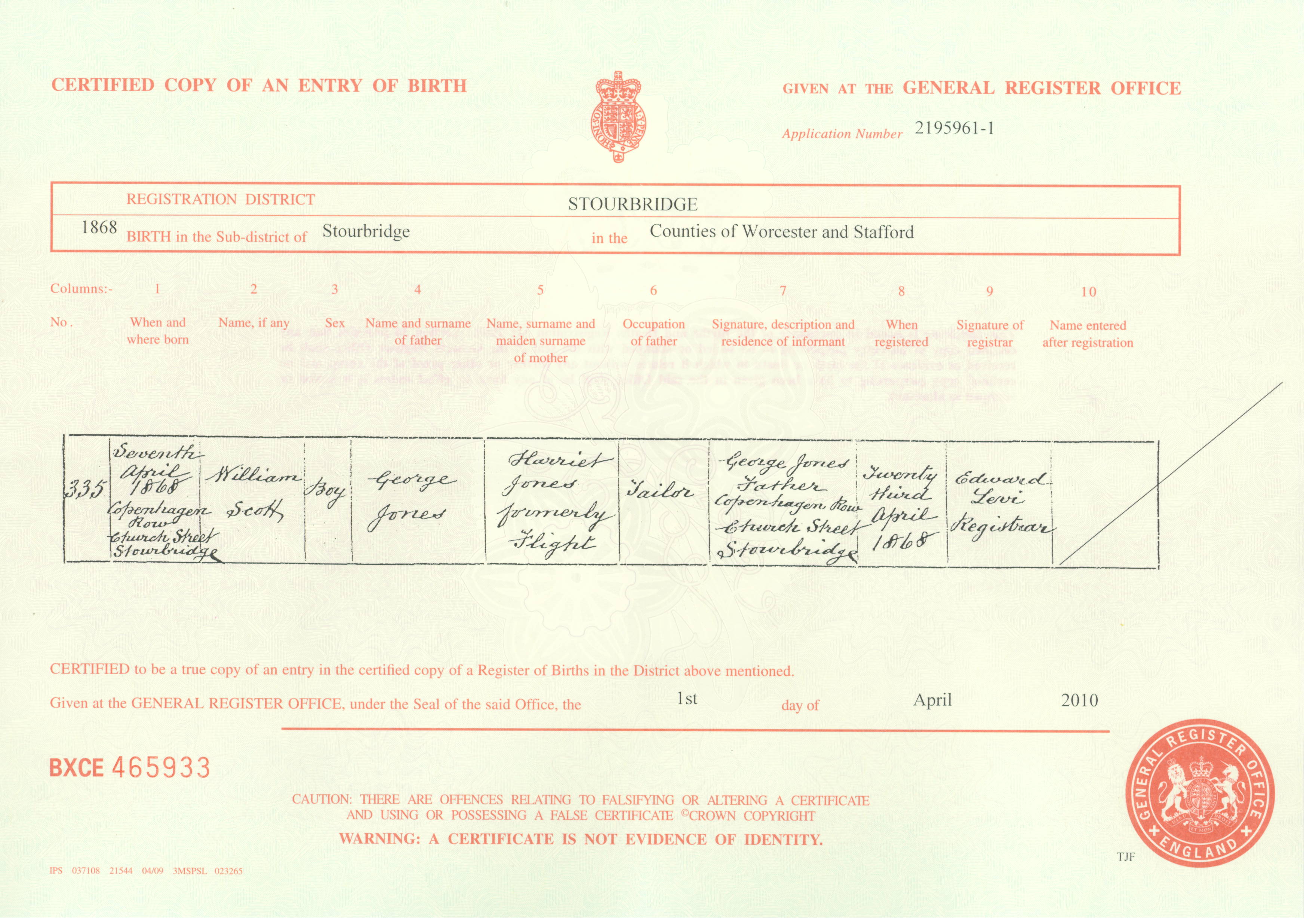 Birth certificate of William Scott Jones