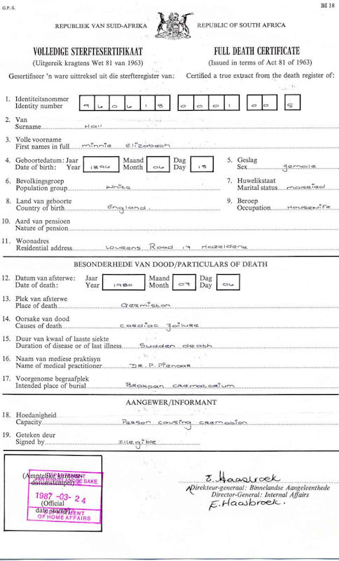 Minnie Warnes (now Hall) - Death certificate