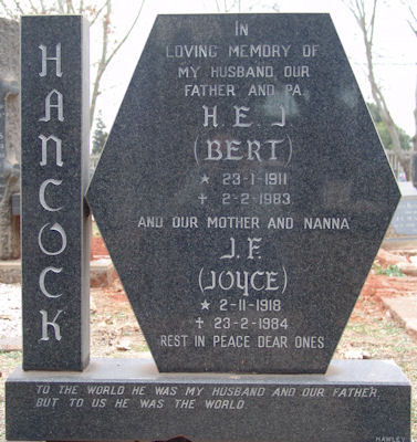 Grave of Herbert Edmund James (Bert) Hancock and Joyce Fuller Hancock (nee Penny)
